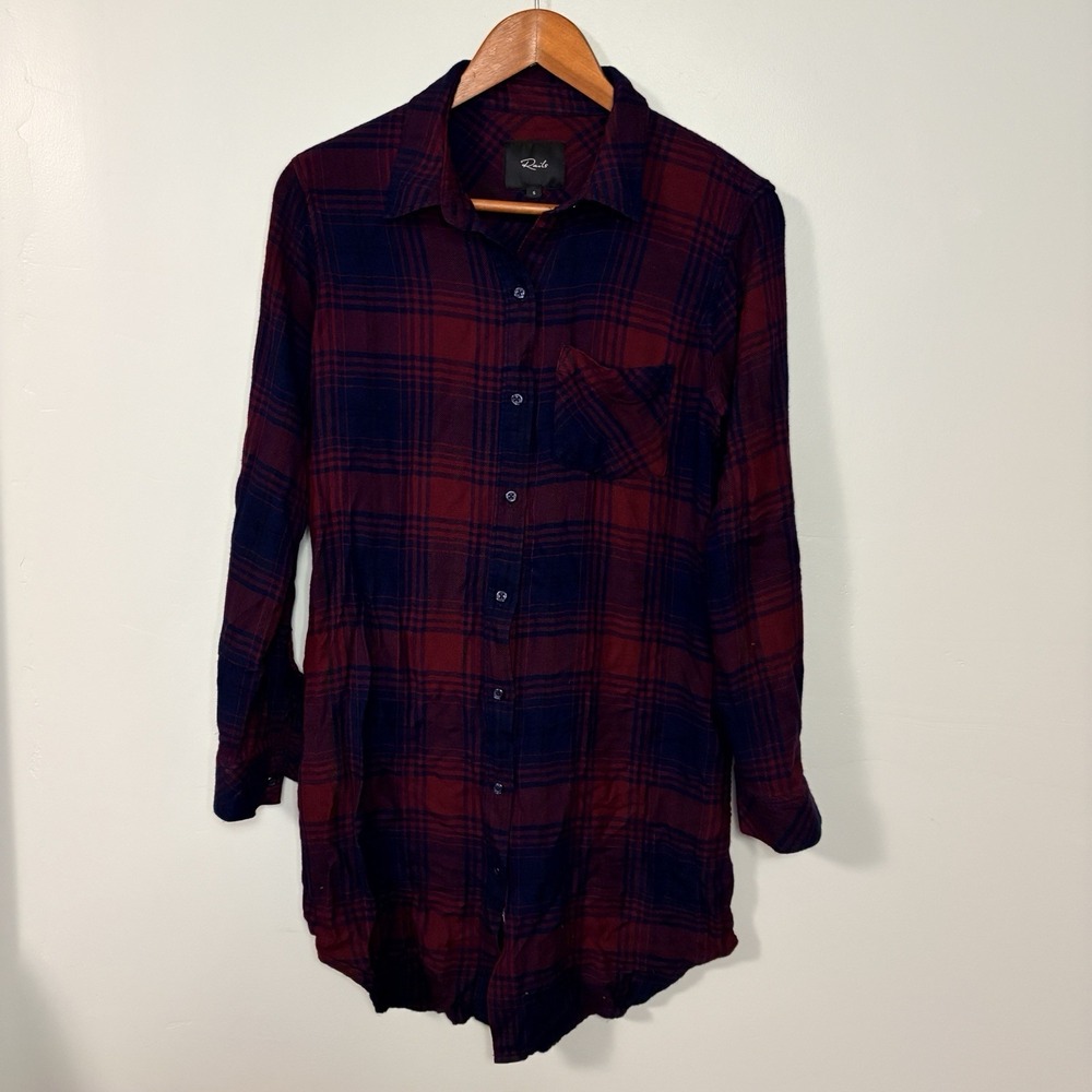 RAILS Bianca Shirt Dress Womens S Maroon Navy Plaid Classic Long Sleeve Fall